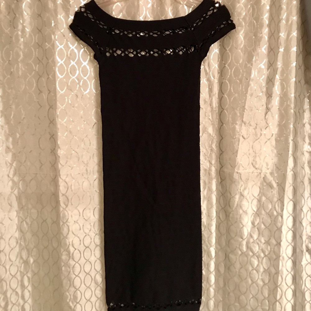 BEBE Black Off the Shoulder Mini Dress Body-Con Laser Cut Detail on Shoulder/Hem